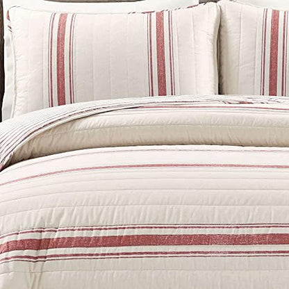 Lush Decor Farmhouse Stripe Reversible Cotton Quilt Queen Size 3 Piece Set Full/Queen Red - Farmhouse Bedding Set Queen Quilt - Striped Bedding