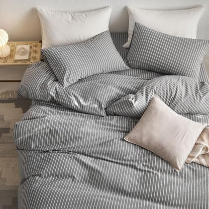 MooMee Striped Duvet Cover Set 100% Washed Cotton Linen Like Alaska King