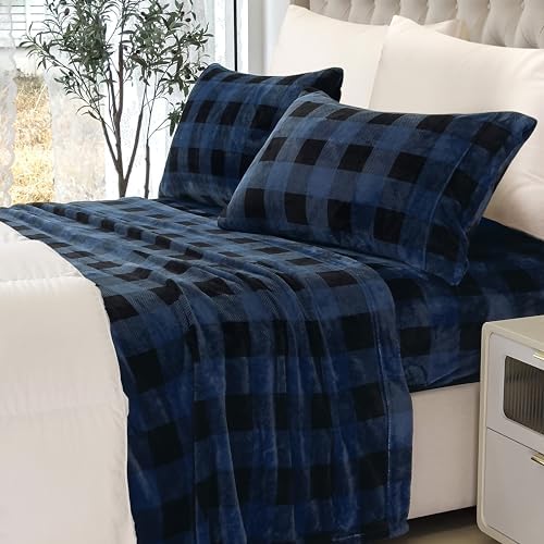 Elegant Comfort Luxuriously Soft 4-Piece Velvet Plush Flannel Sheet Set - Premium Quality - Cozy Warm, Anti-Static, Non Pilling Fuzzy Velvet Flannel Fleece Deep Pocket Sheet Set -Twin XL, Buffalo Blue