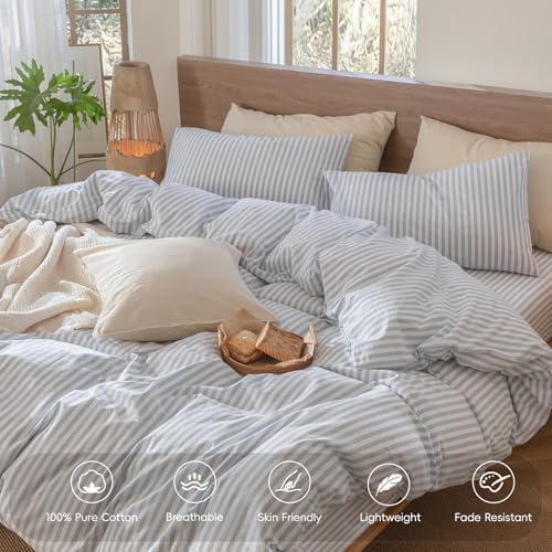 MooMee Striped Duvet Cover Set 100% Washed Cotton Linen Like Super King