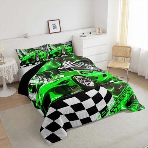 Toddler Race Car Bed for Boys,Green Neon Lights Honeycomb Bedding Set Cool Sports Car Glitter Beehive Geometric Hexagon Queen Comforter Set,Black White Grid Lattice Quilt Buffalo Plaid Decor