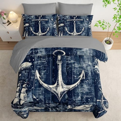 7Pcs Nautical Anchor Comforter Set Ocean Sailboat Printed Bedding Set with 1 Comforter, 1 Flat Sheet, 1 Fitted Sheet and 4 Pillowcases for Bedroom All Season(Anchor Full)