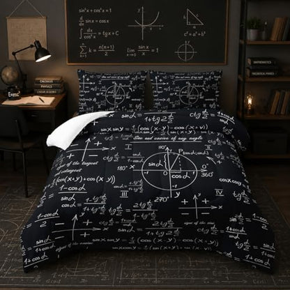 Math Equations Bedding Set for Boys,Mathematics Comforter Set, Math Geometry Axis Art Quilted Duvet for Teens Bedroom Decor,Modern Decorative 3 Piece Bedding Set with 2 Pillow Shams,King Size,Black