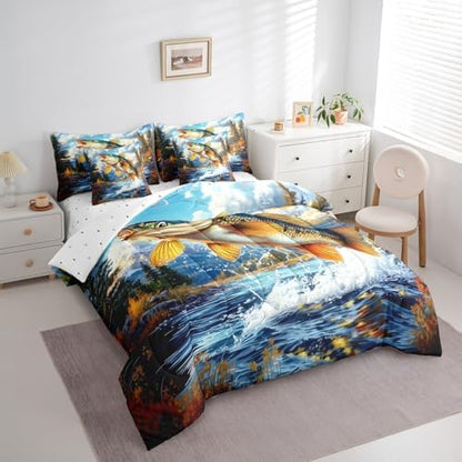Erosebridal 7 Piece Big Bass Fish Comforter Set 3D Pike Fish Bedding Set Twin Farmhouse Hunting Theme Bed in a Bag Rustic Wildlife Sheet Set with Comforter Vintage Cabin Lake House Home Decor
