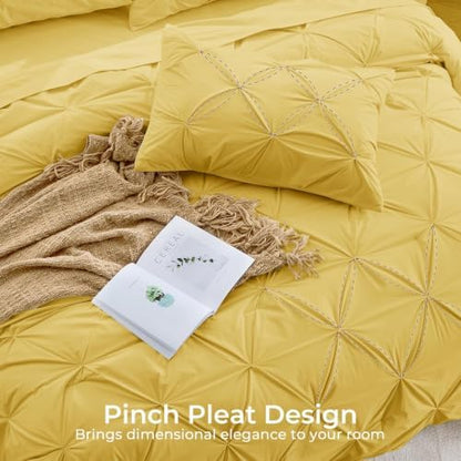 Sasttie King Size Comforter Set, 7-Piece Bed in a Bag, Pintuck Bedding Set for All Season, Includes Comforter, Flat Sheet, Fitted Sheet, Pillowcases and Pillowshams, Mustard Yellow
