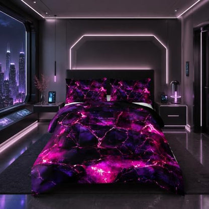 Nttopship Pink Comforter Set Full Size，Pink Marble Bedding Set 3 Pcs Bedding for Adults, Marble Room Decor with Comforter and 2 Pillowcases Soft and Lightweight B-Side Black
