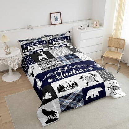 Castle Fairy Bear Print Comforter Set King Size,Deer Antler Animals Hunting Adventure Bedding Set All Season Quilt Set,Pine Arrow Blue Check Plaid Vintage Microfiber Polyester Down Comforter