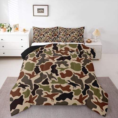 Duck Hunting Comforter Set -Army Camo Comforter Full Size Green Brown Camouflage Bedding Set for Kids Women Men Bedroom Decor Fashion Rustic Farmhouse Wild Animal Quilt Duvet,3 Pcs with 2 Pillowcase