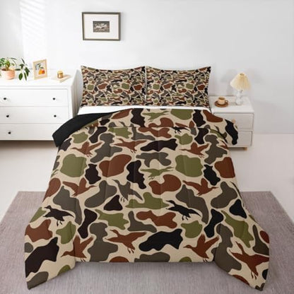 Duck Hunting Comforter Set -Army Camo Comforter Full Size Green Brown Camouflage Bedding Set for Kids Women Men Bedroom Decor Fashion Rustic Farmhouse Wild Animal Quilt Duvet,3 Pcs with 2 Pillowcase