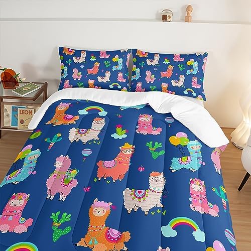 HOSIMA Kids Cute Llama Comforter Twin Bed in a Bag,Cartoon Rainbow Alpaca Twin Comforter with 2 Pillowcases,Animal Bedding Sets for Children Room Decor,Blue Toddler Bedding Set for Boys Girls.