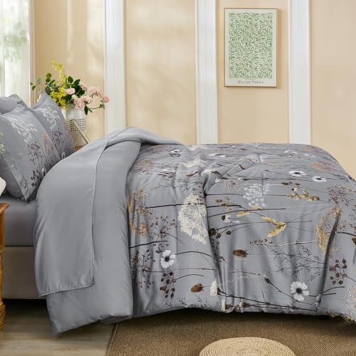 Yiran Queen Comforter Size Set, 7 Piece Grey Dandelion Floral Bed in a Bag