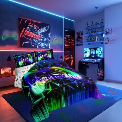 Castle Fairy Modern Gamepad Twin Size Comforter Set for All Seasons,Kids Reversible Gaming Bedding Set Teens Bedroom Decor,Green Blue Honeycomb Comforter Inner Fill with 1 Pillowcase