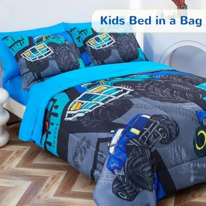 Viviland Kids Bedding Set Full Size Comforter Sets, Bed in Blue Patchwork Monster Truck Cover Set for Children