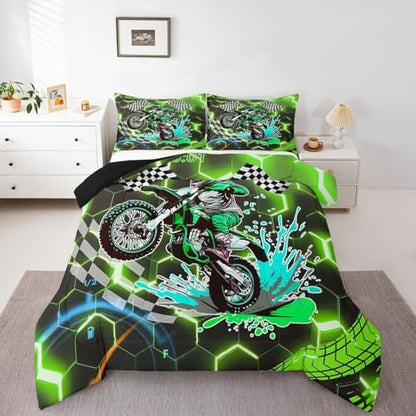 Racing Bedding Set Green Neon Lights Honeycomb Comforter Set Motorbike Dirt Bike Quilt Geometric Hexagon Moto Extreme Sports Full Size Duvet Insert,Black White Grid Lattice Buffalo Plaid Decor