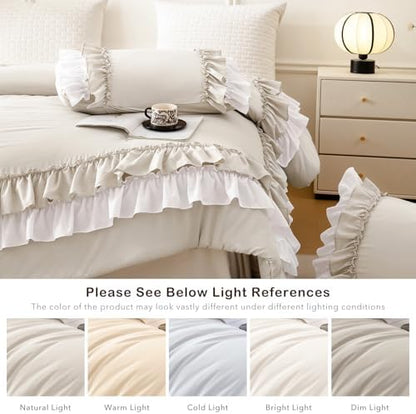Masaca Ruffled King Comforter Set,Farmhouse Shabby Boho Chic Wheat and White Bedding Comforter Lightweight Ultra Soft Vintage French Country Bedding Set 3Pcs (1 Ruffle Comforter and 2 Pillowcases)