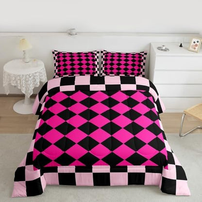 Feelyou Checkered Geometric Comforter Set All Season Rose Pink Plaid Bedding Set with 2 Pillow Cases Checkerboard Modern Aesthetic Kids Queen Bedclothes Reversible Pink Bedroom Decor Duvet Quilt