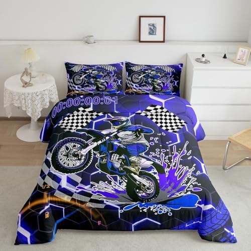 Racing Motorcycle Bedding Sets for Boys Girls,Blue Neon Lights Honeycomb Comforter Set King Dirt Bike Motocross Quilt Geometric Beehive Duvet Insert,Black White Grid Lattice Buffalo Plaid Decor