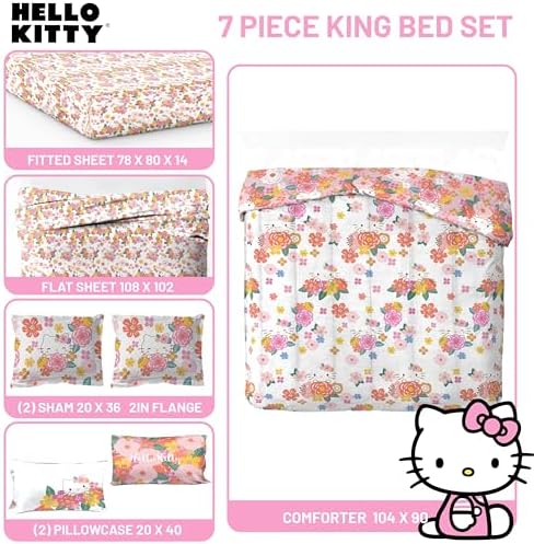Sanrio Hello Kitty King Comforter Set 7 Piece Floral Bedding, Multi