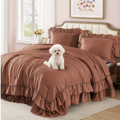 Full Size Comforter Set Russet Ruffle 7 Pieces Farmhouse Bed in a Bag