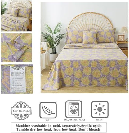 FADFAY Sunflower Sheets Set King Vintage Yellow Purple Floral Bedding Shabby Farmhouse Bedding Super Soft Washed Double -Layer Muslin Sheets 100% Cotton Deep Pocket Fitted Sheet 4Pcs, King Size