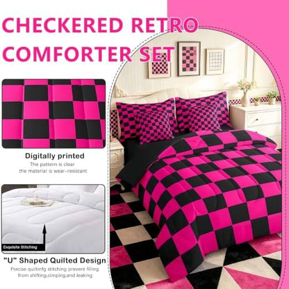 Feelyou Checkered 7 Piece Bedding Set Teen Dark Red Black Plaid Comforter Set with Sheets Queen Size Kids Boys Cute Retro Neutral Checkerboard Geometric Bed in a Bag Vintage Aesthetic Room Decor
