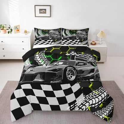 Race Cars Toddler Bedding Sets for Boys,Yellow Green Neon Lights Honeycomb Bedding Set Cool Sports Car Beehive Geometric Hexagon Comforter Set,Black White Lattice Quilt Buffalo Plaid Decor