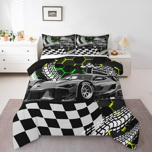 Toddler Race Car Bed for Boys,Yellow Green Neon Lights Honeycomb Twin Bedding Set Cool Sports Car Glitter Beehive Geometric Hexagon Comforter Set,Black White Grid Lattice Quilt Buffalo Plaid Decor