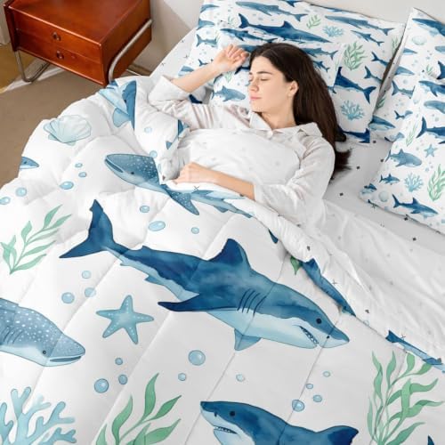 Feelyou Shark King Comforter Set with Sheets for Kids Boys Girls Ocean Sea Animal Marine 7 Pieces Bedding Set Underwater World Bed in a Bag Room Decor Soft Lightweight Microfiber