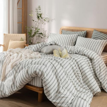 BESTOUCH Striped Cotton Duvet Cover Set Linen Feel Oversized Full