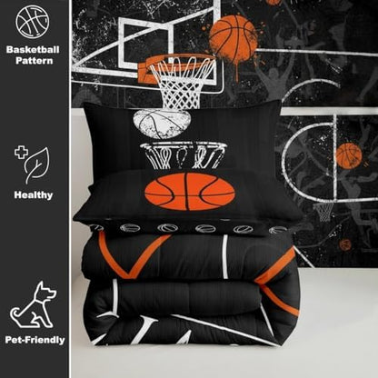Erosebridal Boys Basketball Toddler Size Comforter Set for Kids Child Sports Theme Bedding Set, Ball Gamer Down Comforter Basketball Printed Reversible Bed Set, Black Quilted Duvet