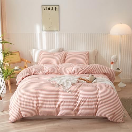 Full Comforter Set Pink White Stripes Pattern Comforter Full Modern Style Striped Comforter with 2 Pillowcases Lightweight 3 Pieces Boho Bedding Comforter Farmhouse Striped Fluffy Comforter Set
