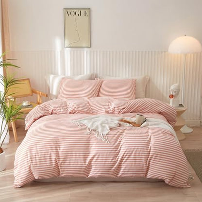 Full Comforter Set Pink White Stripes Pattern Comforter Full Modern Style Striped Comforter with 2 Pillowcases Lightweight 3 Pieces Boho Bedding Comforter Farmhouse Striped Fluffy Comforter Set