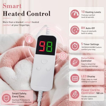 Pink Heated Blanket Electric Throw 50"X60", Heating Blanket Throw