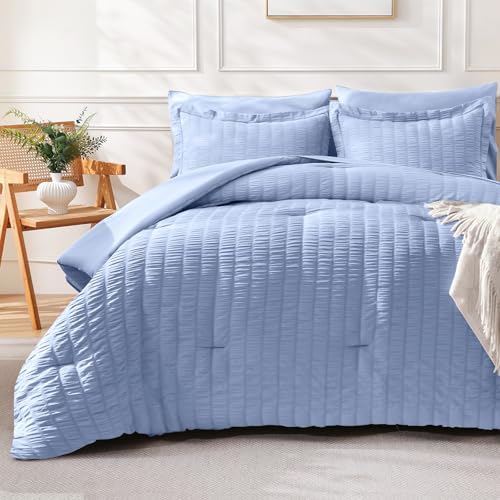 FreshCulture Twin Size Comforter Set Seersucker 5 Pieces, All Season Bedding Set Twin, Soft Bed in a Bag Comforter Set with Comforter, Flat Sheet, Fitted Sheet, Pillowcase and Pillow Sham, Baby Blue