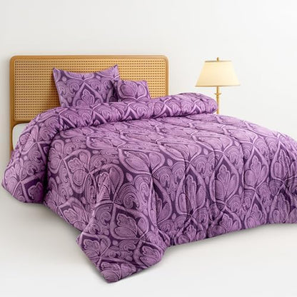 LUX Décor Reversible 4pc Twin Comforter Set, Printed Bedding Set, All-in-One Bed in a Bag, Includes 1 Comforter, 1 Pillow Sham, 1 Decor Pillow & 1 Bed Skirt (Paisley Purple,Twin)
