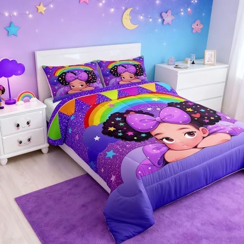 Black Princess Girl Comforter Set Full Size,African Theme American Kids Teens Bedding Set Glitter Starry Sky Rainbow Purple Quilted Duvet Cute Bedroom Decor Pretty Girl Magical Bedspread,2 Pillowcases