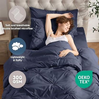 Nestl 7 Piece Twin Comforter Set – Navy Pinch Pleated Bed in a Bag – Complete Twin Size Bedding Set with Sheets, Set of 2 Cooling Pillows, Pillowcase and Sham