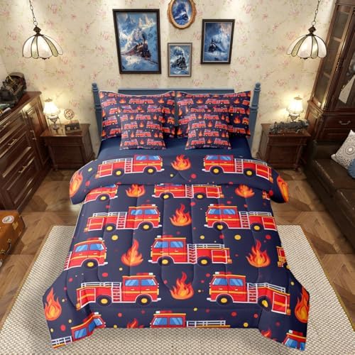 Erosebridal Boys Fire Truck Comforter Set with Sheets King, Cartoon Red Firemen Car Bed in A Bag for Kids Teens Men Room Decor, Dark Blue 7 Pcs Bedding Set, Fire Engine Polka Dots Bed Sets