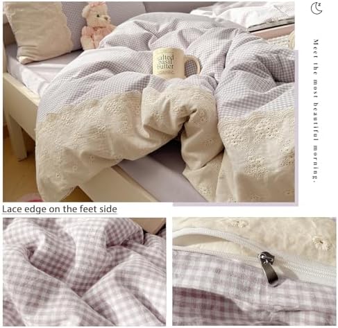 VM VOUGEMARKET Lilac Gingham Duvet Cover Queen Plaid Checkered Comforter Cover with Zipper 3Pcs Soft Breathable Washed Microfiber White Lace Bedding Set for Girls