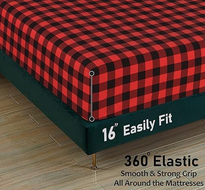 RUVANTI 100% Cotton Flannel Sheets Queen Size, Red & Black Plaid
