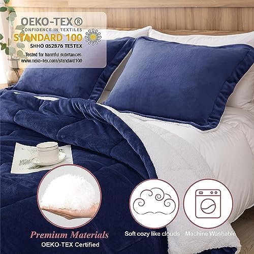 Sherpa Comforter Set Twin XL Size, Navy Blue Bedding Set with Sham