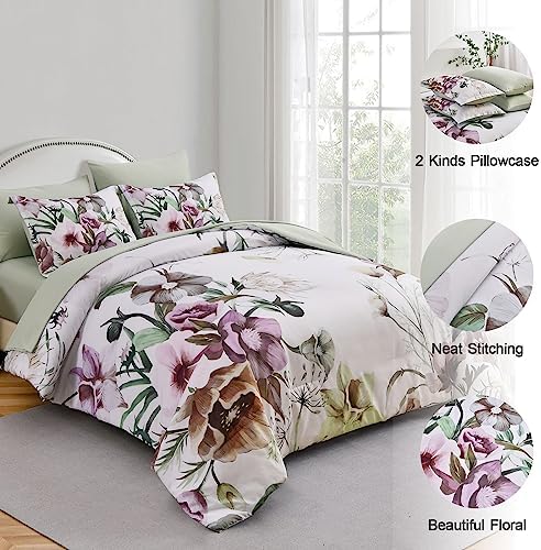 Luxudecor Floral Comforter Set Queen Size 7 Piece, Green Flower Bed in a Bag, Elegant Floral Comforter with Sheet Set, Soft Microfiber Bedding Set for All Season (Green, 90"x90")