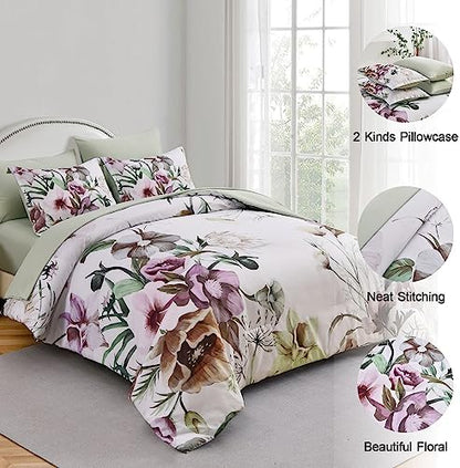 Luxudecor Floral Comforter Set Twin Size 5 Piece, Green Flower Bed in a Bag, Elegant Floral Comforter with Sheet Set, Soft Microfiber Bedding Set for All Season (Green, 68"x86")