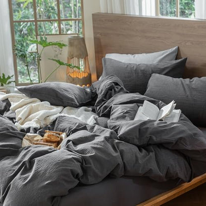 MooMee Wavy Striped Duvet Cover Set 100% Washed Cotton Linen Like Textured Breathable Durable Soft Comfy (Charocal Grey, Queen 90"x90")