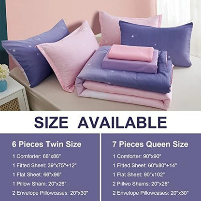 Dinjoy Girls Comforter Set Queen Size 7 Pieces Bed in A Bag Ombre Pink Purple Rainbow Bedding Set Collections for Teen Women (1 Comforter, 1 Flat Sheet, 1 Fitted Sheet, 2 Pillow Shams, 2 Pillowcases)