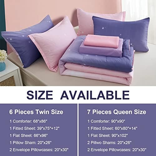 Dinjoy Girls Comforter Set Twin Size 6 Pieces Bed in A Bag Colorful Ombre Pink Purple Rainbow Bedding Set for Kids Teen (1 Comforter, 1 Flat Sheet, 1 Fitted Sheet, 1 Pillow sham, 2 Pillowcases)