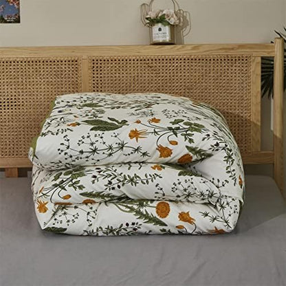 Wellboo Botanical Comforter Sets Twin Size Sage Green Floral Bedding Comforters Cotton Girls Women Watercolor Flower Quilt Adults Teens Bohemian Warm Blankets Rustic White and Green Leaf Blossom Bed