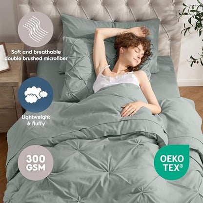 Nestl 7 Piece Twin XL Comforter Set – Sage Green Pinch Pleated Bed in a Bag – Complete Twin XL Size Bedding Set with Sheets, Set of 2 Cooling Pillows, Pillowcase and Sham