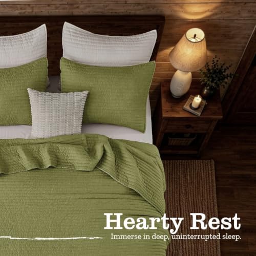 DOWN HOME Cali King Quilt Bedding Set with Shams, Vintage Washed Quilted Blanket Thin Comforter Lightweight Bedspread Coverlet Bed Cover, Brushed Microfiber Stripe Stitching, Golden Olive, 111"x92"