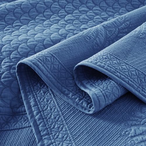 MarCielo 3-Piece 100% Cotton Oversized Bedspread Lightweight Quilt Coverlet Embroidery Farmhouse Bedding Set (TM Midtone Blue, Oversized King (118"x106"))